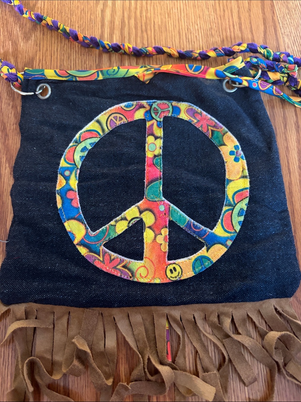 Denim Mini Crossbody Bag with Multicolor Peace Sign and Tan Fringe